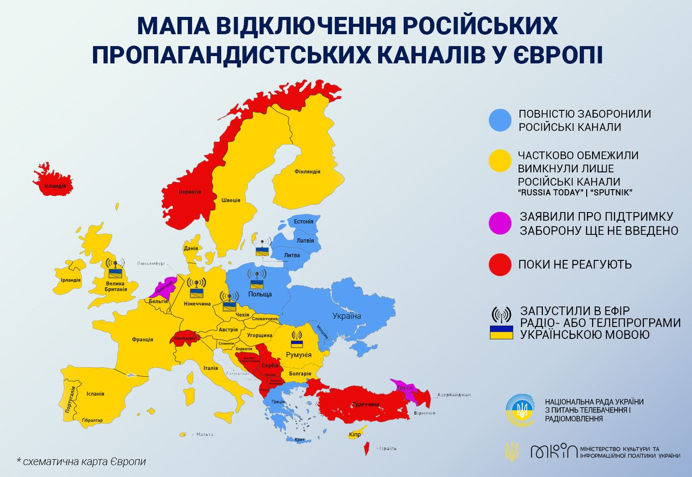 МКІП подало мапу вимкнення російських пропагандистських каналів у Європі