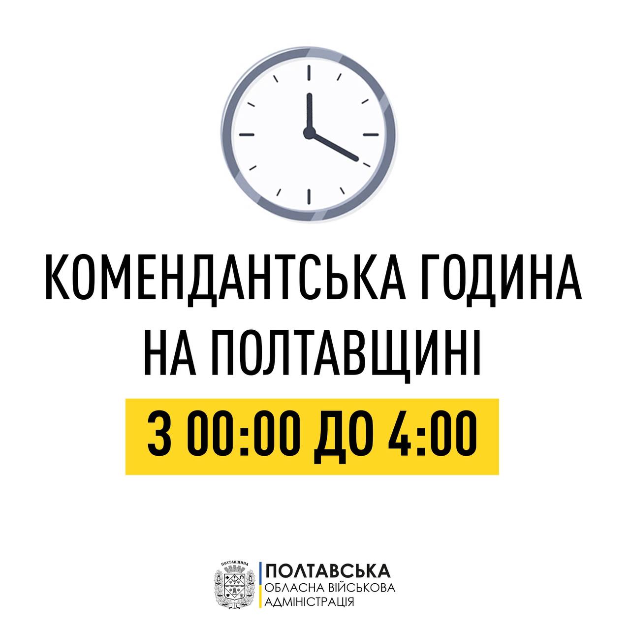 На Полтавщині з 5 квітня комендантська година діятиме з 00:00 до 04:00